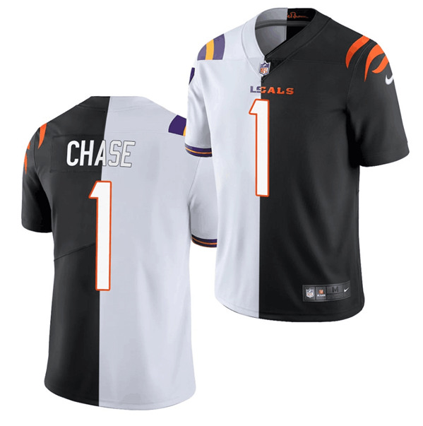 Men's Cincinnati Bengals #1 Ja'Marr Chase 2021 Black/White NFL Split Stitched Jersey